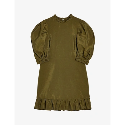 Shop Topshop Puffed-sleeve Crepe Mini Dress In Green