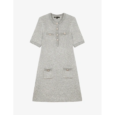 Shop Maje Raveno Button-detail Stretch-knit Mini Dress In Grey