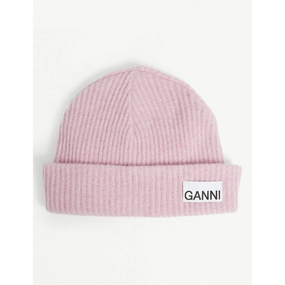 Shop Ganni Logo Recycled Wool-blend Beanie Hat In Sweet+lilac
