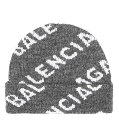 Shop Balenciaga Logo Intarsia Wool Beanie In Grey