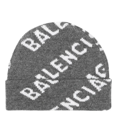 Shop Balenciaga Logo Intarsia Wool Beanie In Grey