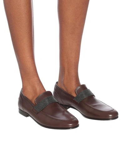 Shop Brunello Cucinelli Embellished Leather Loafers In Brown