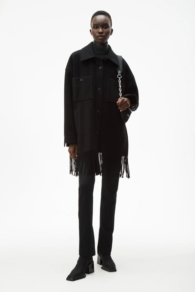 Shop Alexander Wang Wool Fringe Peacoat In Black