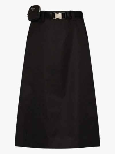 Shop Prada Black Gabardine Belted Midi Skirt