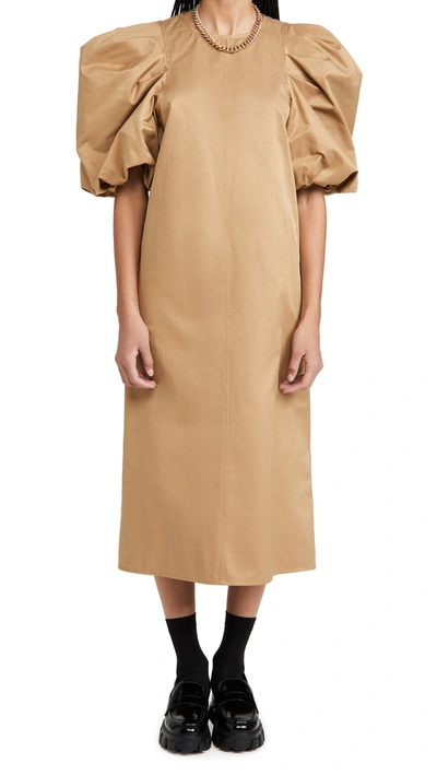 Shop En Saison Poplin Midi Dress With Puffed Sleeves In Natural