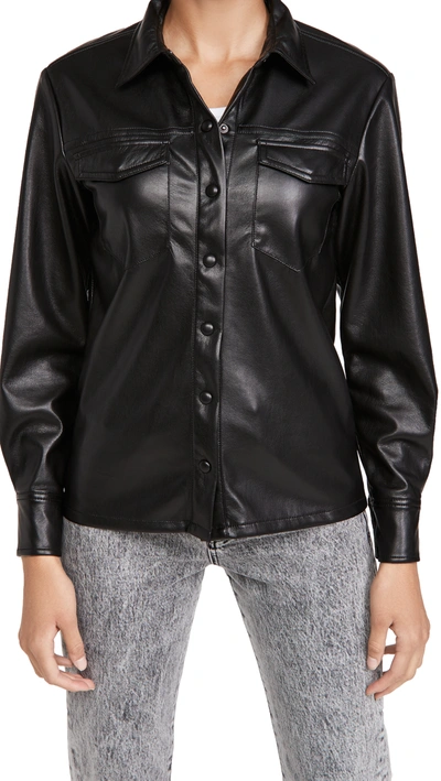 Faux Leather Military Shirt Jacket In Black