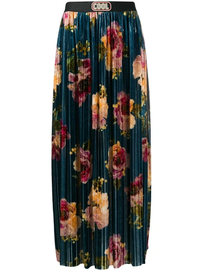 Shop Cool Tm Floral Print Velvet Pleated Skirt In Blue