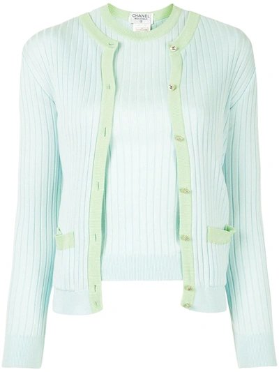 Pre-owned Chanel 1997 Ribbed Cardigan And Top Set In Blue