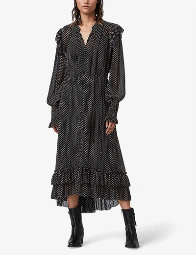 Shop Allsaints Lara Dot Ruffle Maxi Dress In Black
