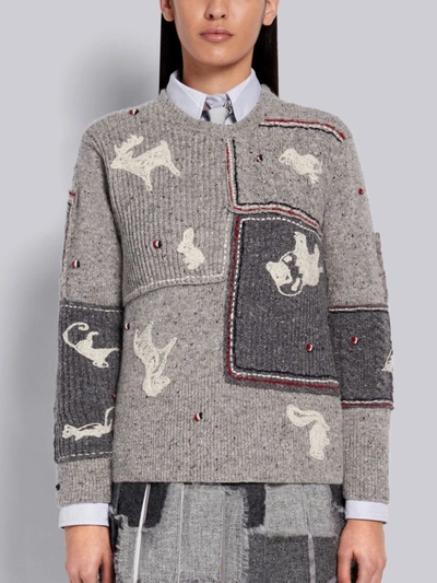 Shop Thom Browne Light Grey Wool Mohair Tweed Hand Embellished Animal Icon Crewneck Pullover