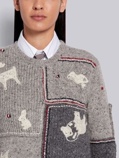 Shop Thom Browne Light Grey Wool Mohair Tweed Hand Embellished Animal Icon Crewneck Pullover
