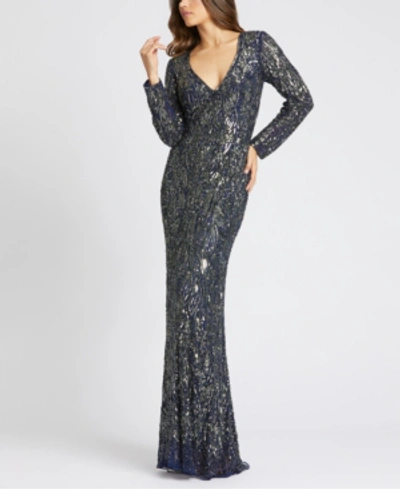Shop Mac Duggal Beaded Long-sleeve Gown In Midnight Blue