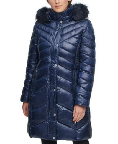 Shop Kenneth Cole Faux-fur-trim Hooded Puffer Coat In Navy