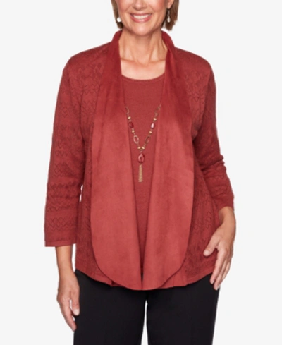 Shop Alfred Dunner Petite Catwalk Suede Trim Pointelle Two-for-one Sweater In Terracotta