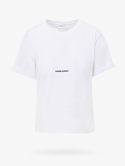 Saint Laurent Women Basic White T-shirt With Miiddle Logo Print In Cotton Woman In White