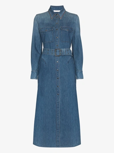 Shop Chloé Belted Denim Midi Dress In Blue