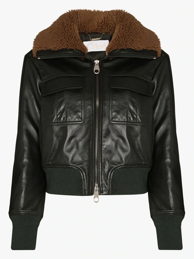 Shop Chloé Green Leather Aviator Jacket