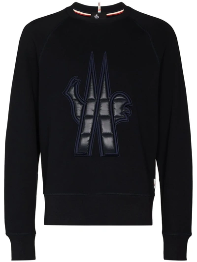 Shop Moncler Quilted-logo Crew-neck Sweatshirt In Blue