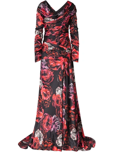 Shop Dolce & Gabbana Rose-print Charmeuse Evening Dress In Red