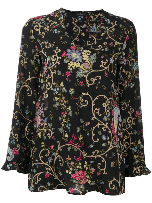Etro Floral Print Silk Blouse In Black Modesens