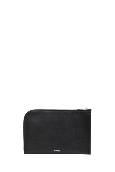 Shop Ganni Flat Pouch In Textured Leather In Black