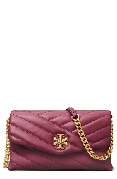 Shop Tory Burch Kira Chevron Quilted Leather Wallet On A Chain In Redstone/ Rolled Brass
