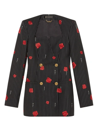 Shop Versace Rose Print Pinstripe Blazer In Black