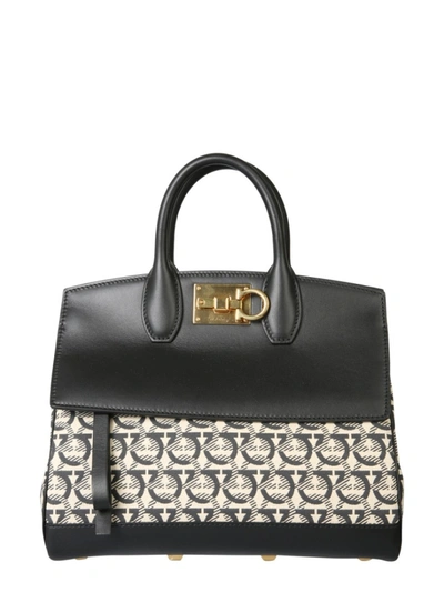 Shop Ferragamo Gancini Medium Beige/black Leather Handbag