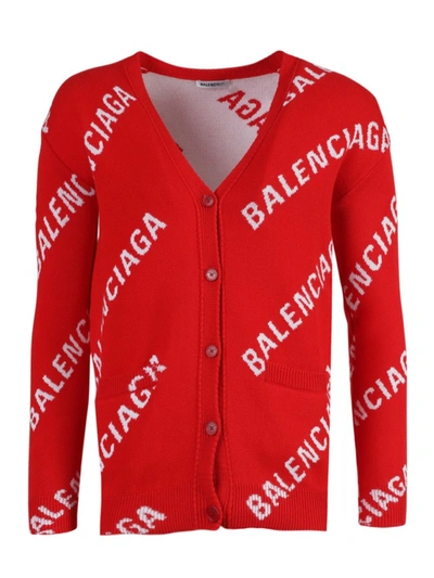 Shop Balenciaga Red And White Logo Cardigan