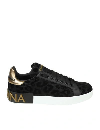 Shop Dolce & Gabbana Portofino Sneakers In Fabric Lurex Effect Black With Velvet Print