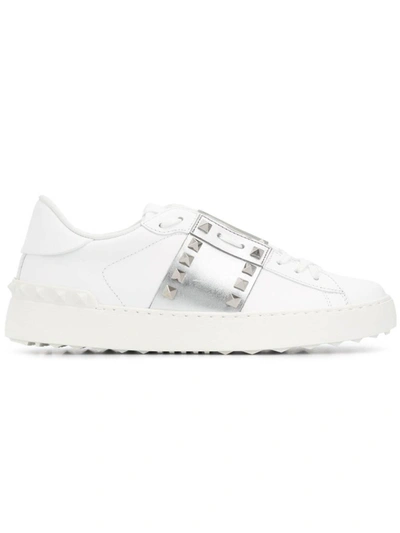Shop Valentino Open Silver/white Leather Sneakers