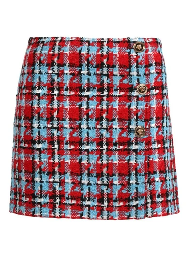 Shop Versace Check Print Tweed Mini Skirt In Red