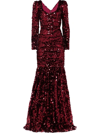 Shop Dolce & Gabbana Long-sleeve Sequinned Gown In Red