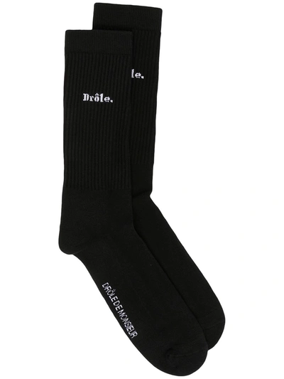 Shop Drôle De Monsieur Logo Ribbed Socks In Black