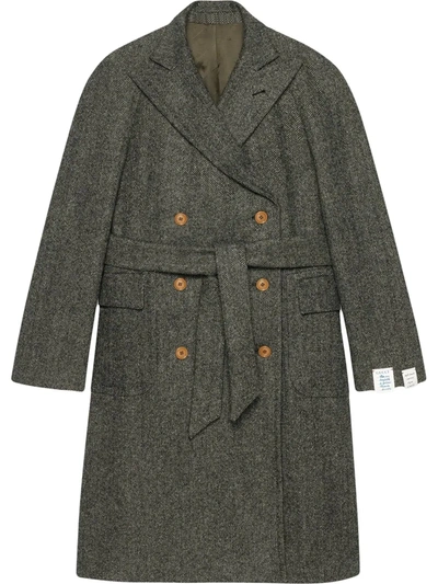 Shop Gucci Double-breasted Belted Coat In Grey