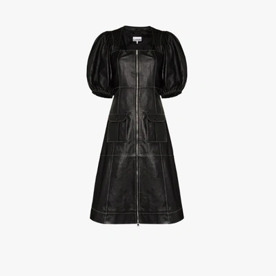 Shop Ganni Zip-up Pouf Sleeve Dress In Black