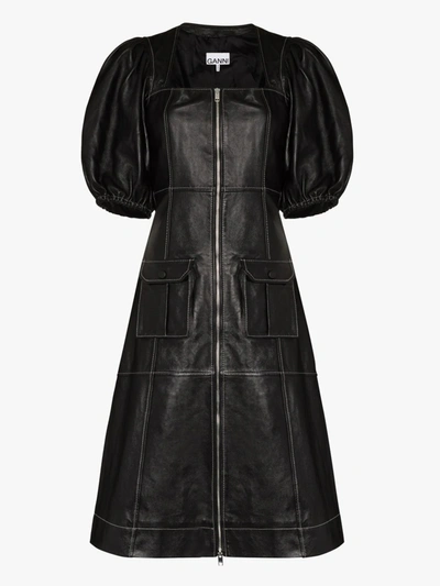 Shop Ganni Zip-up Pouf Sleeve Dress In Black