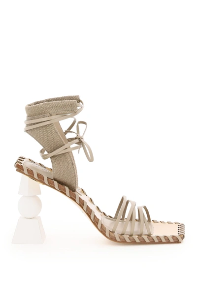 Shop Jacquemus Valerie Haute Suede E Canvas Sandals In Brown (beige)