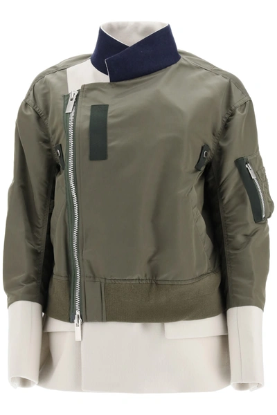 Shop Sacai Double Layer Nylon Bomber Jacket In Khaki Ecru (green)