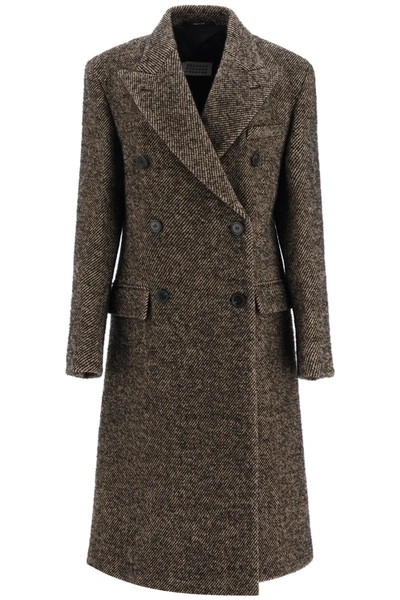 Shop Maison Margiela Chevron Wool Long Coat In Beige Black (brown)