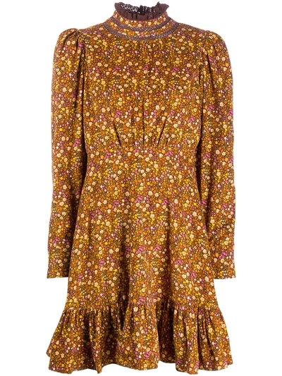 Shop Bytimo Floral-print Puff-sleeve Dress In Brown