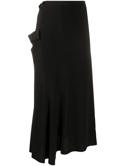 Shop Yohji Yamamoto Asymmetric Skirt With Patch Pocket In Black