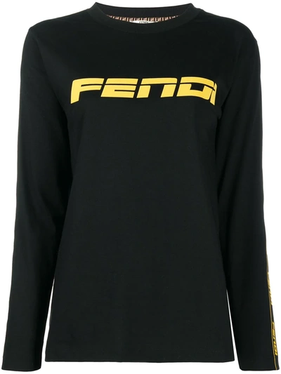 Shop Fendi Long Sleeve Logo T-shirt In Black