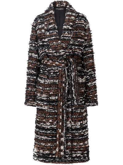 Shop Dolce & Gabbana Belted Tweed Robe-style Coat In Brown