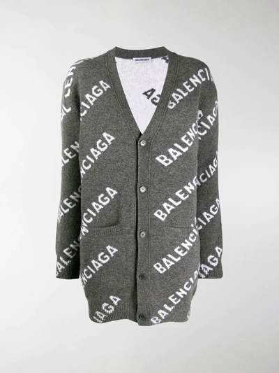 Shop Balenciaga Intarsia Knit Cardigan In Grey