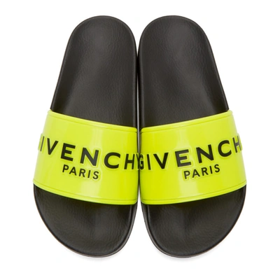 Shop Givenchy Yellow & Black Logo Flat Slides In 734 Yellow