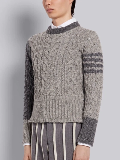 Shop Thom Browne Tonal Grey Wool Mohair Tweed Fun-mix Aran Cable Crewneck 4-bar Pullover