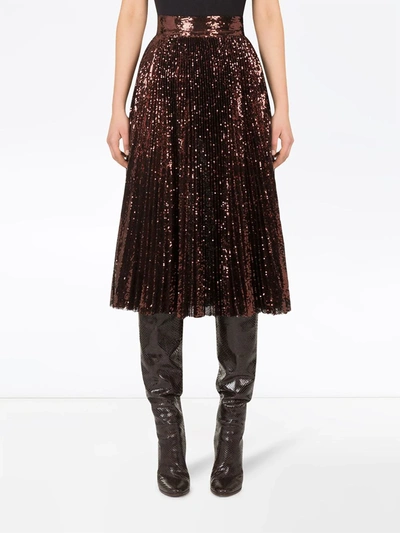 Shop Dolce & Gabbana Sequin Midi Plissé Skirt In Brown