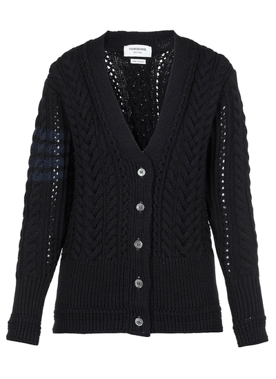 Shop Thom Browne Aran Cable Knit Cardigan In Navy