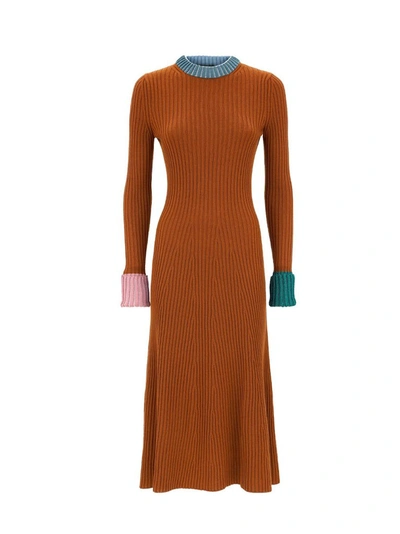 Shop Lanvin Ribbed Knit Crewneck Jumper Dress In Brown